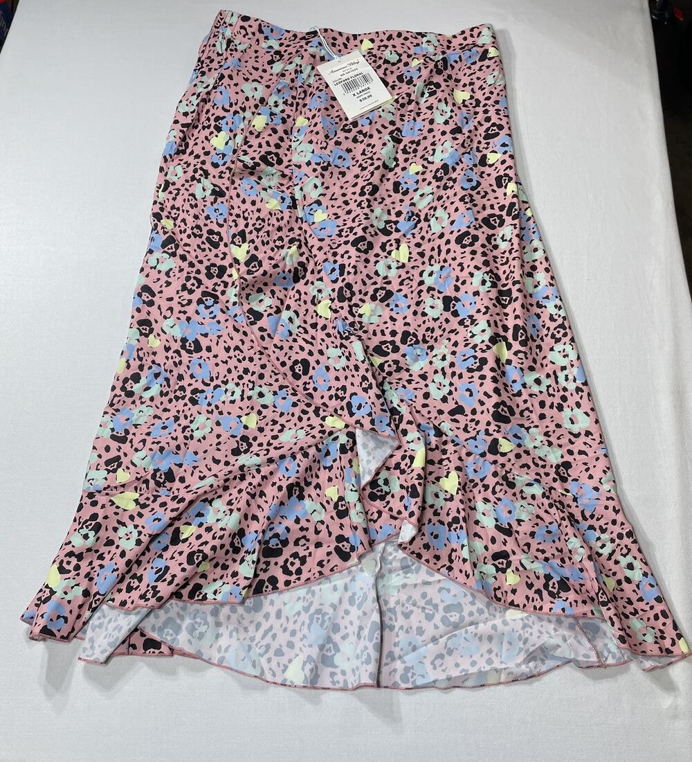 American Bling Women's XL Maxi Skirt Pink Leopard Floral Ruffle Boho NWT